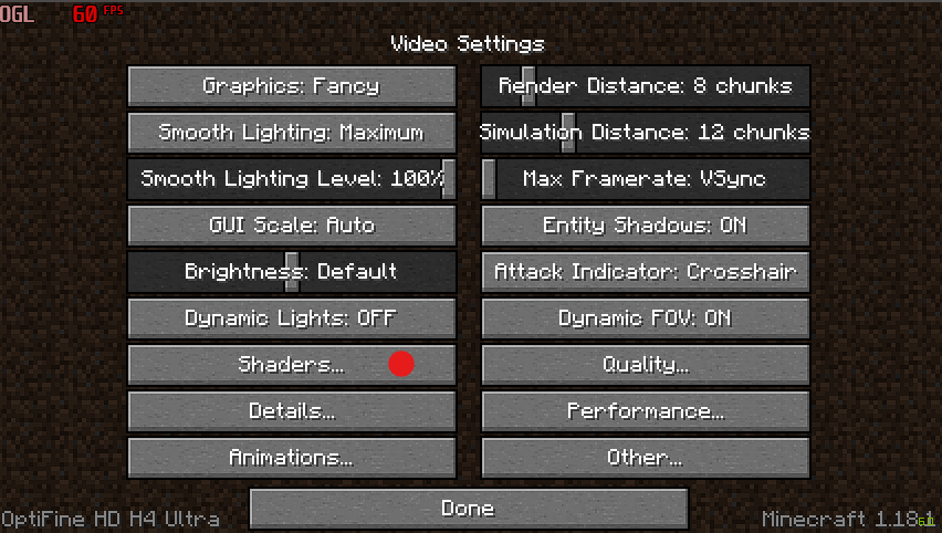 shaders button