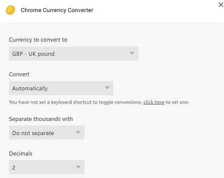 chrome currency converter settings