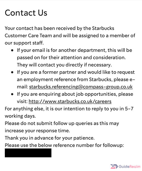 contact us confirmation starbucks