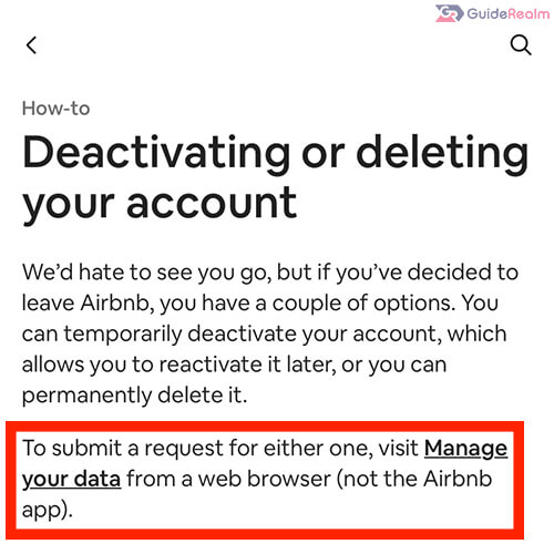 manage your data button airbnb