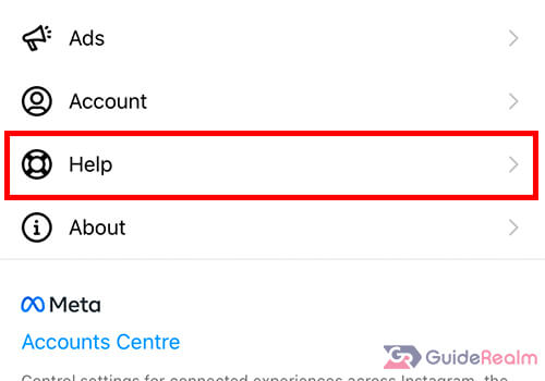 help button on instagram settings menu