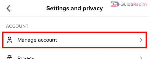 manage account button in tiktok settings
