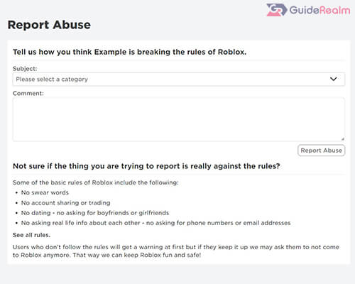 report abuse form on roblox pc website