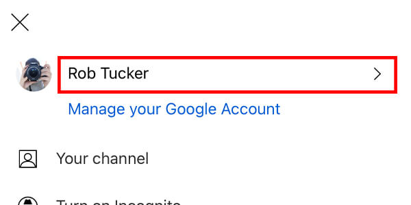 account button on youtube menu