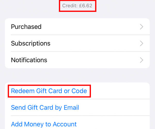 app store credit and redeem gift card button