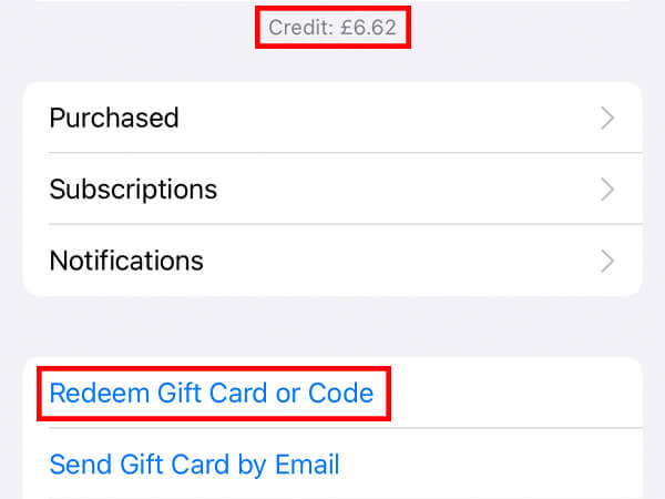 credit and redeem gift card button in app store