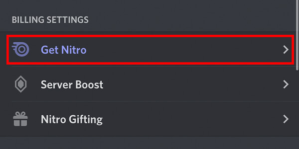 get nitro button in discord billing settings