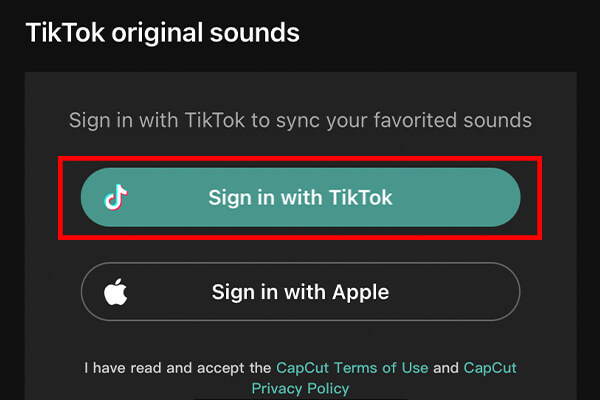 sign in with tiktok button on capcut
