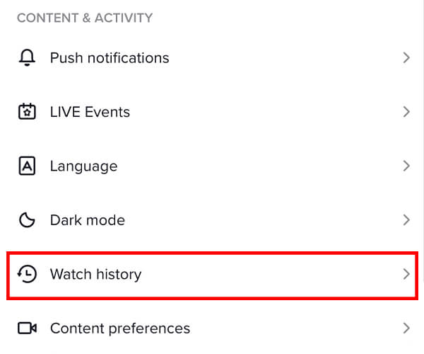 watch history in content and activity section on tiktok